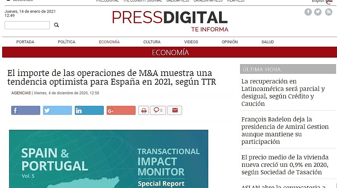 El importe de las operaciones de M&A muestra una tendencia optimista para Espaa en 2021, segn TTR